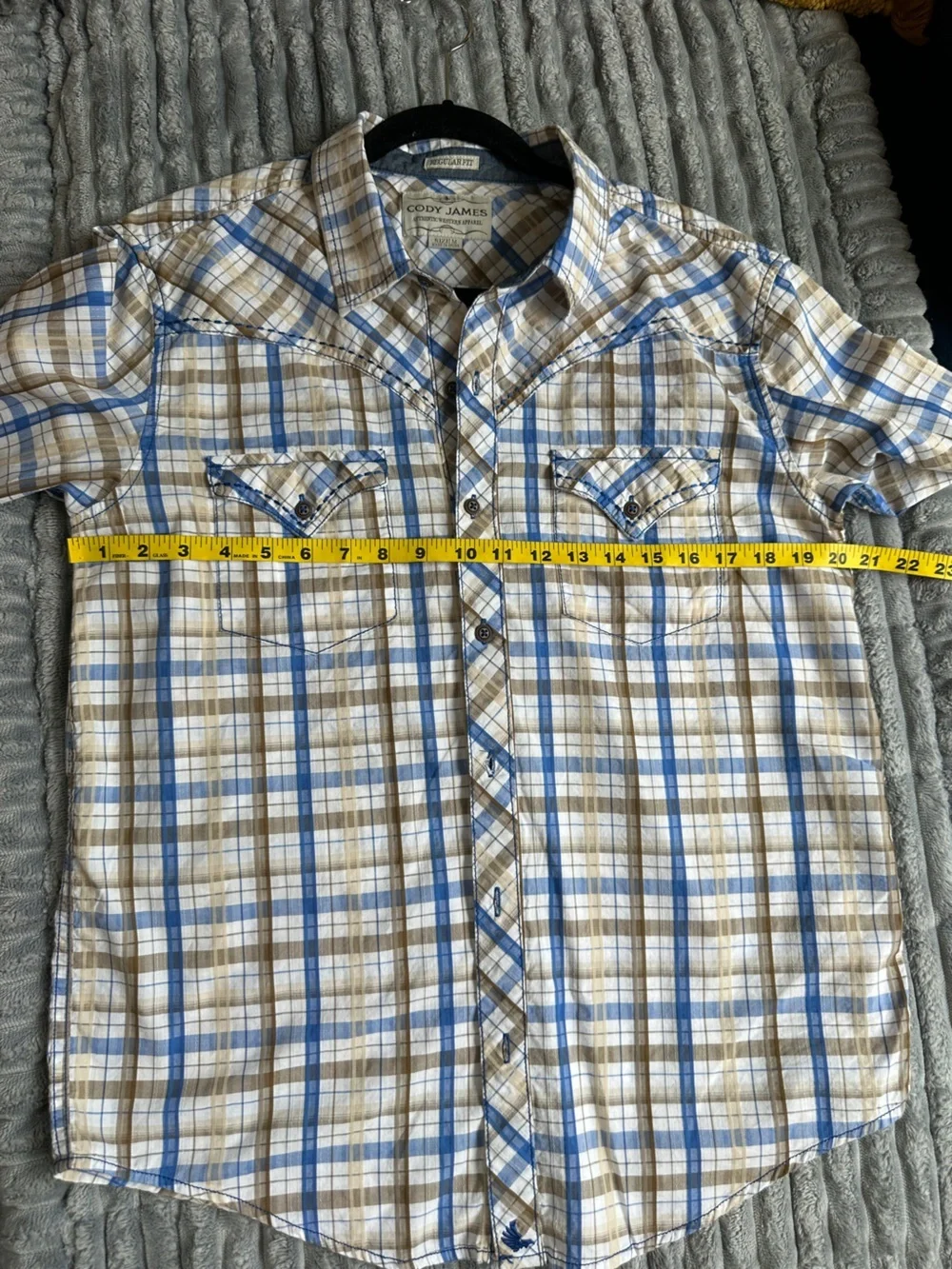 Blue, tan, and white plaid western button up shirt with detail stitching